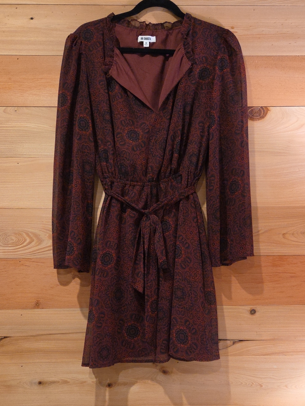 BB Dakota Burgundy Paisley Tie-Waist Long Sleeve Dress